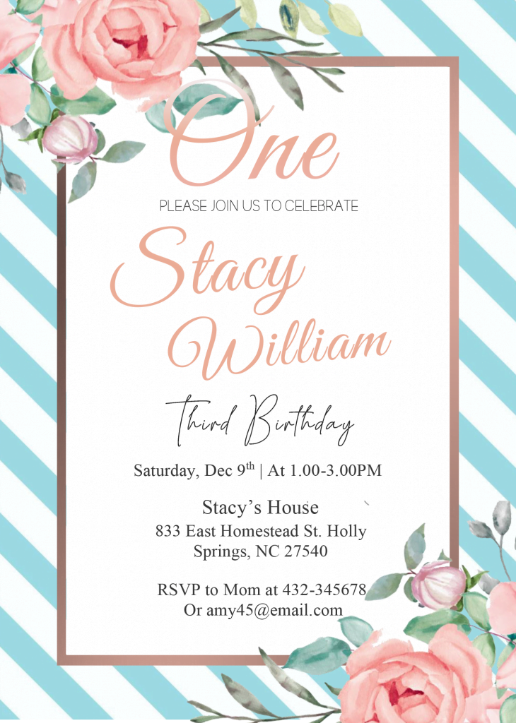 Blush Pink 1st Birthday Invitation Templates - Editable With MS Word and has beautiful diagonal stripes