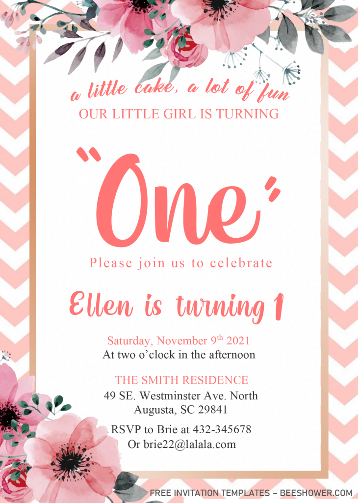 Blush Pink 1st Birthday Invitation Templates - Editable With MS Word and has Chevron Background