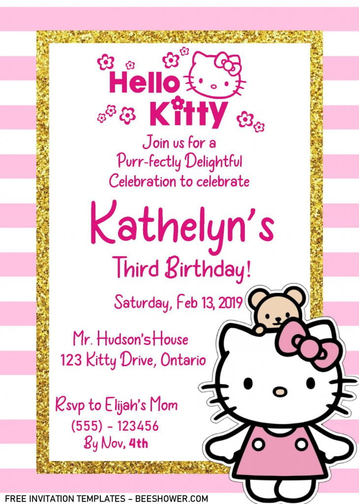 Hello Kitty Invitation Templates - Editable With MS Word and Has Gold Frame