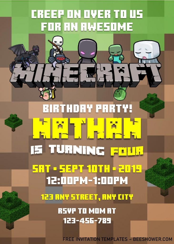 Minecraft Birthday Invitation Templates - Editable With MS Word and has pixel background