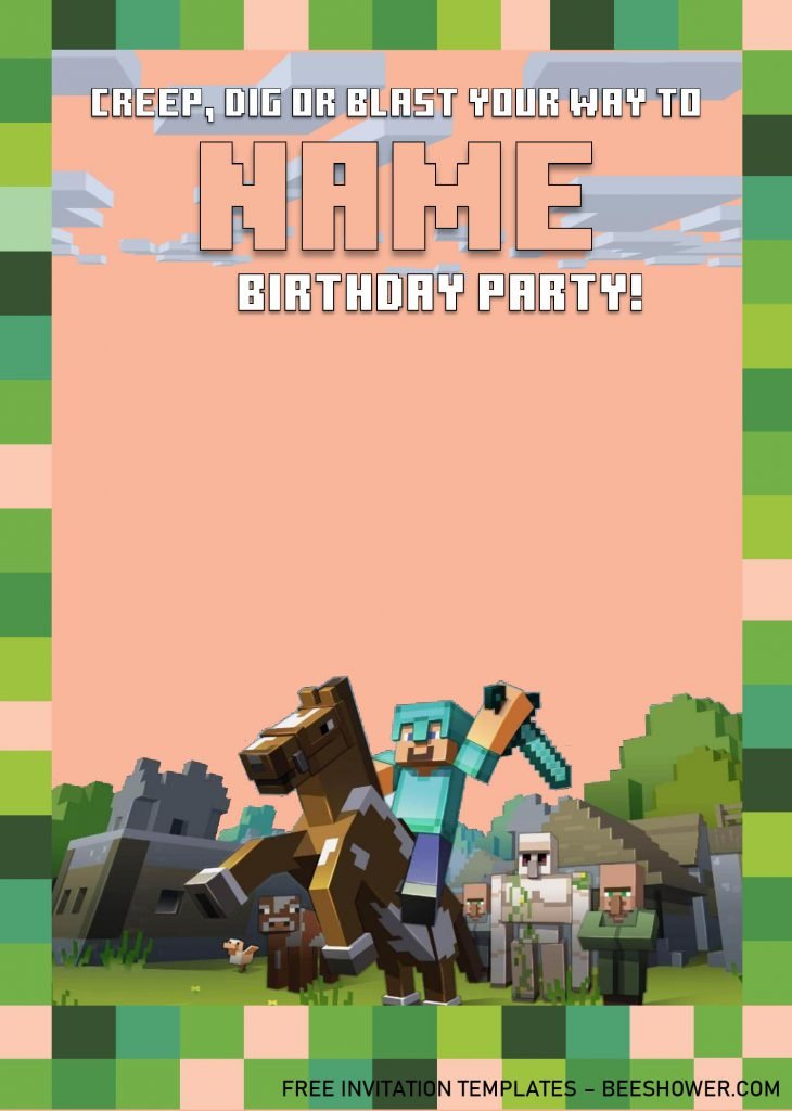 Minecraft Birthday Invitation Templates - Editable With MS Word and has pixel border