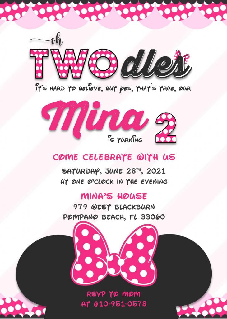 Minnie Mouse Invitation Templates - Editable DOCX With Microsoft Word and has portrait orientation card