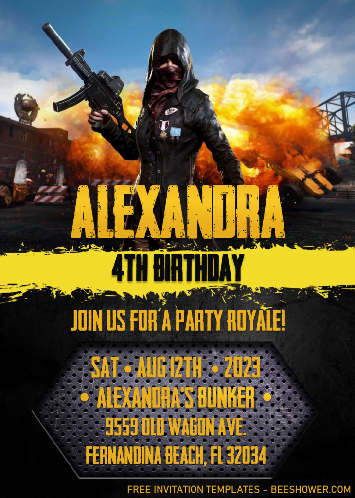 PUBG Birthday Invitation Templates - Editable .DOCX With MS Word and has seamless metal background