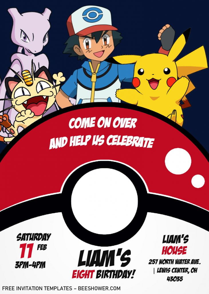 Pokemon Invitation Templates - Editable With MS Word and has ash and pikachu graphic