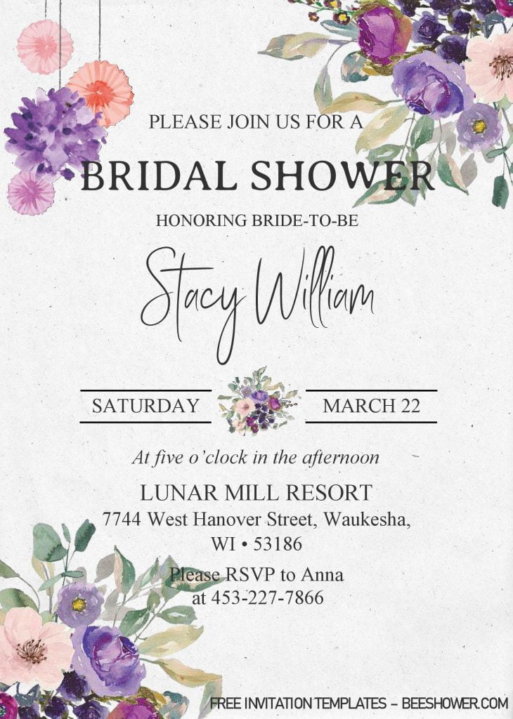 Purple Floral Invitation Templates - Editable With MS Word and has 