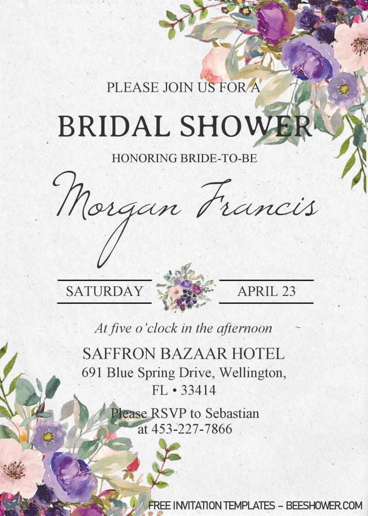 Purple Floral Invitation Templates - Editable With MS Word and has paper grain texture background