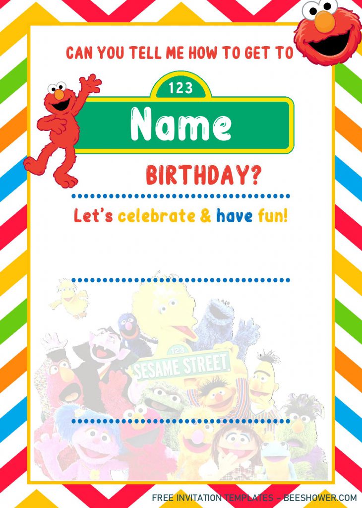 Sesame Street Invitation Templates - Editable With MS Word and decorated with colorful diagonal stripes
