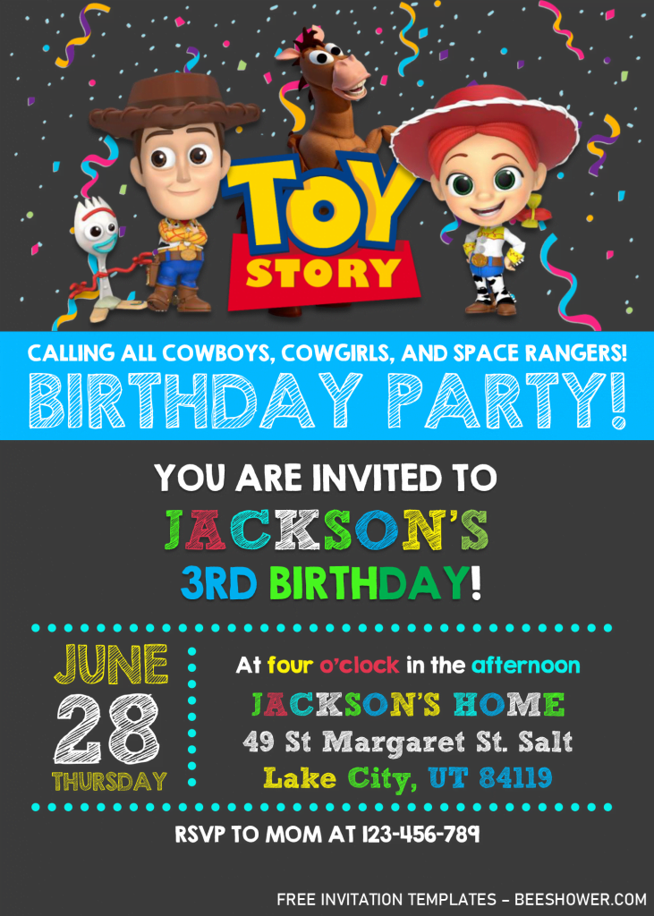Toy Story Invitation Templates - Editable With .DOCX and has gray background