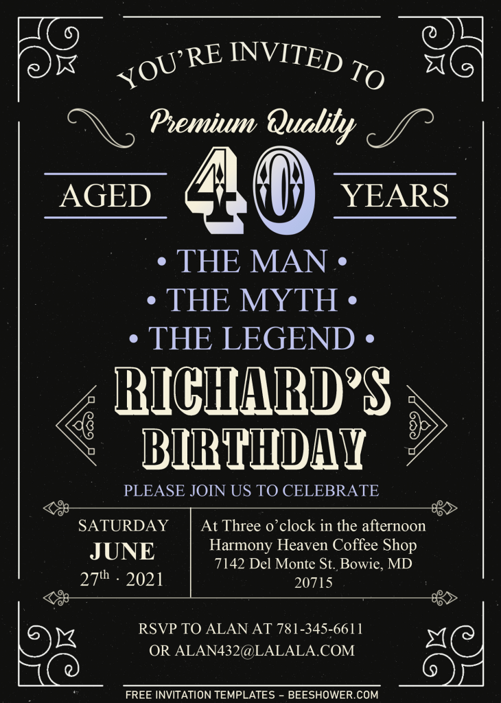 Vintage Dude 40th Invitation Templates - Editable With Microsoft Word and has black background