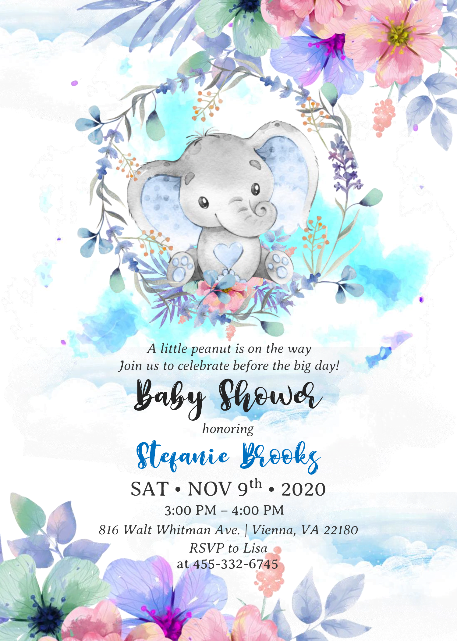 Watercolor Baby Elephant Invitation Templates - Editable With MS Word and has floral wreath and purple flowers