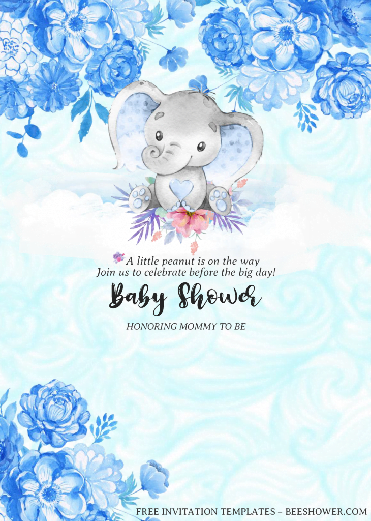 Watercolor Baby Elephant Invitation Templates - Editable With MS Word and has wave background