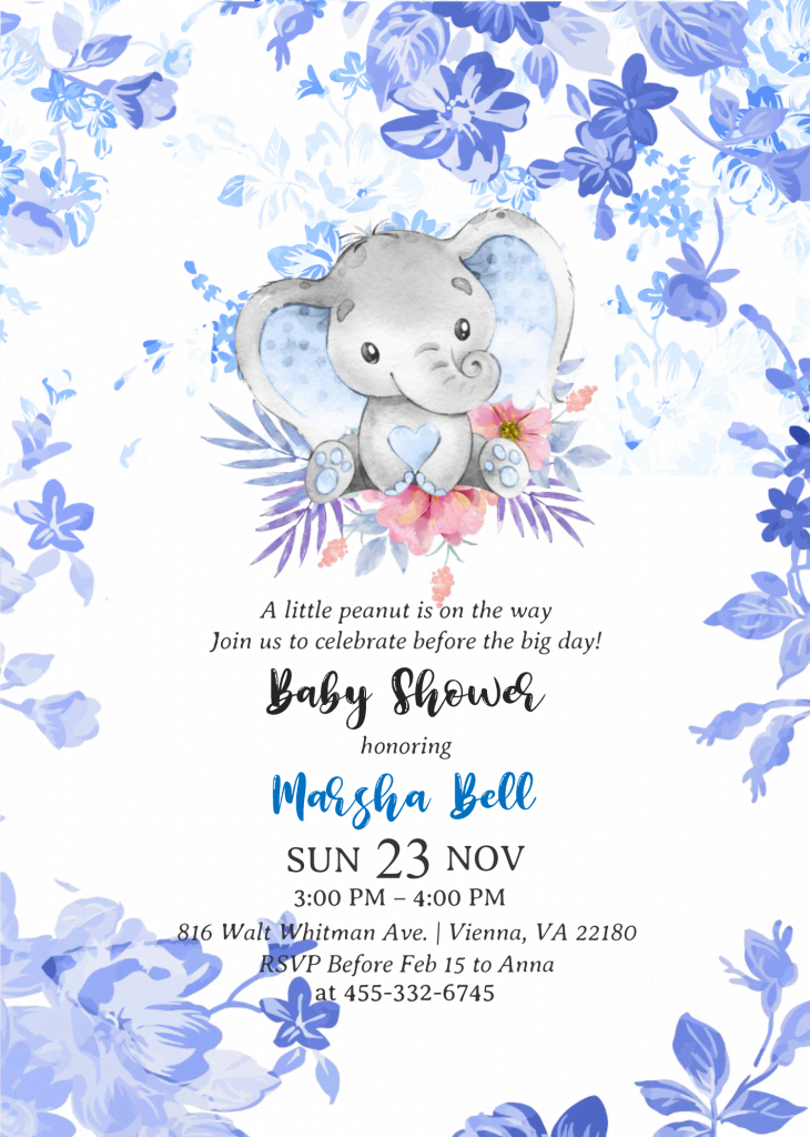 Watercolor Baby Elephant Invitation Templates - Editable With MS Word and has hand drawn baby elephant
