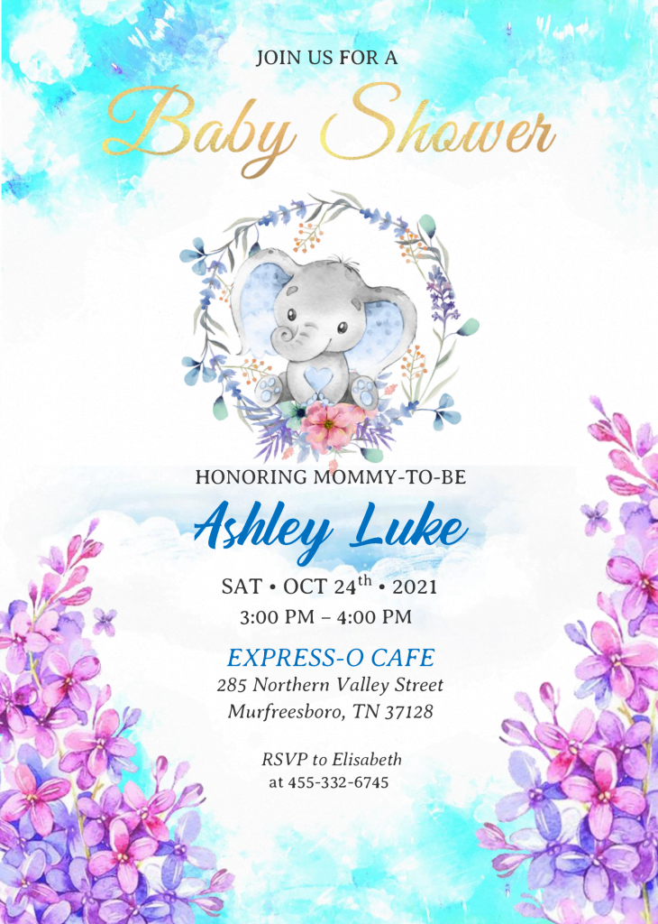 Watercolor Baby Elephant Invitation Templates - Editable With MS Word and has fluffy clouds