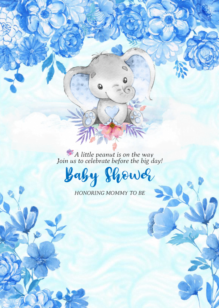 Watercolor Baby Elephant Invitation Templates - Editable With MS Word and has blue floral decorations