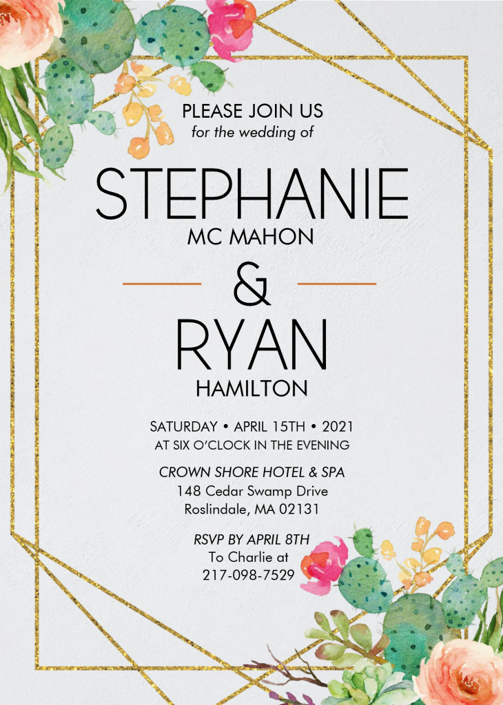 Watercolor Cactus Invitation Templates - Editable With Microsoft Word and has gold geometric style text frame