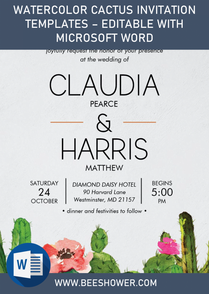 Watercolor Cactus Invitation Templates - Editable With Microsoft Word