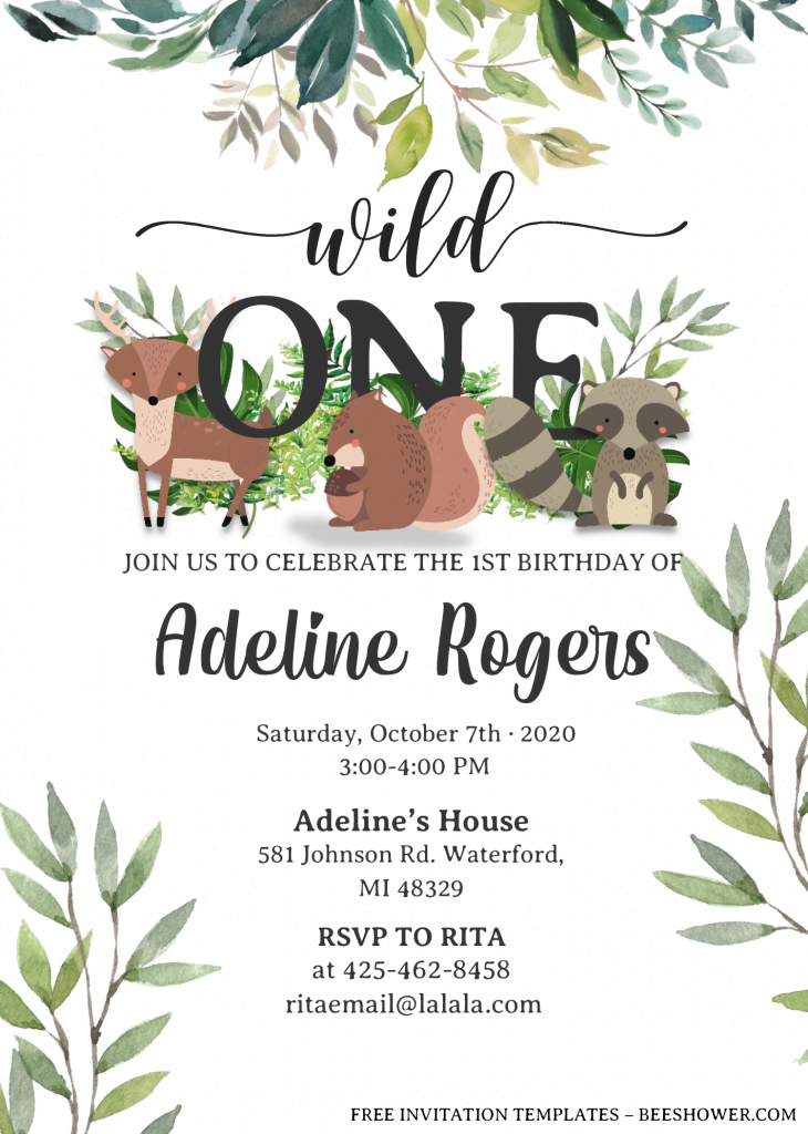Wild One Birthday Invitation Templates - Editable With MS Word and has green aesthetic leaves