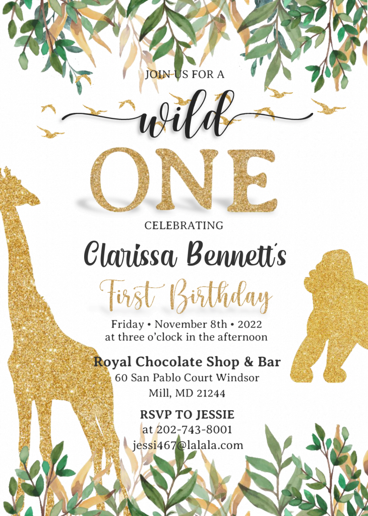 Wild One Birthday Invitation Templates - Editable With MS Word and has gold animals silhouette
