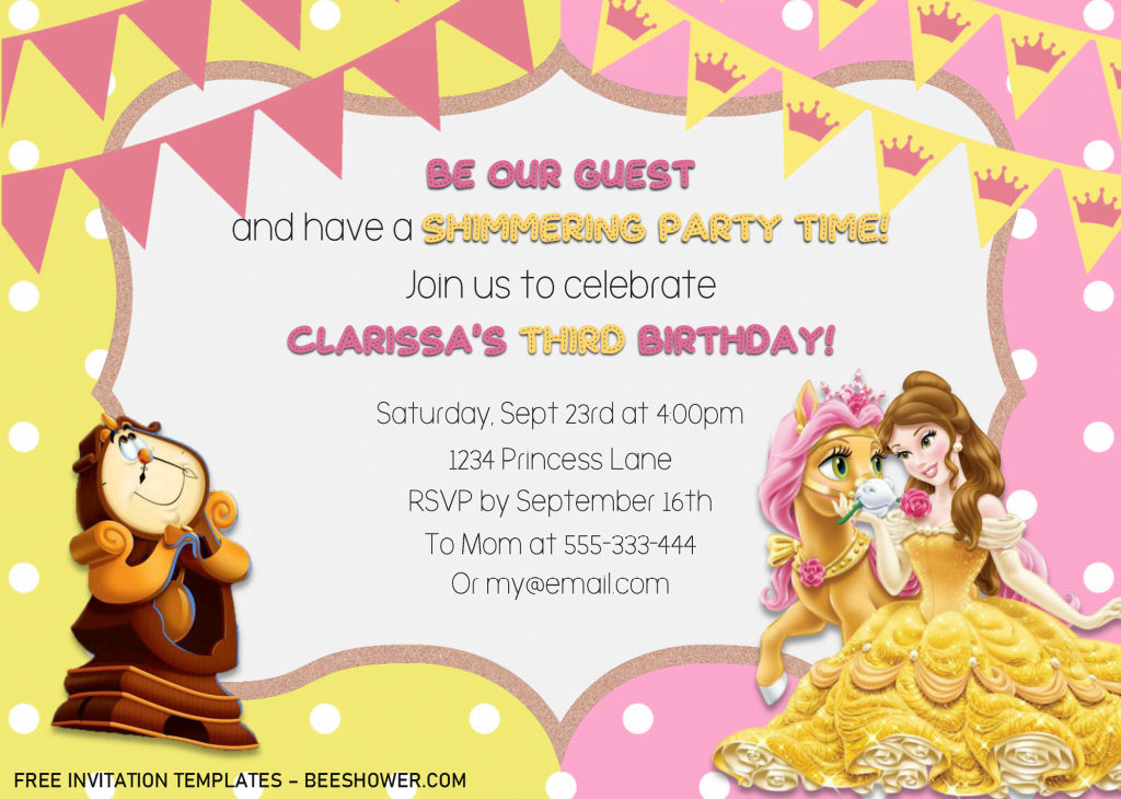 Disney Belle Invitation Templates - Editable .Docx and has pink glitter text frame