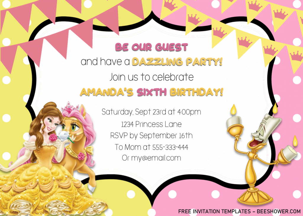Disney Belle Invitation Templates - Editable .Docx and has pink and yellow background