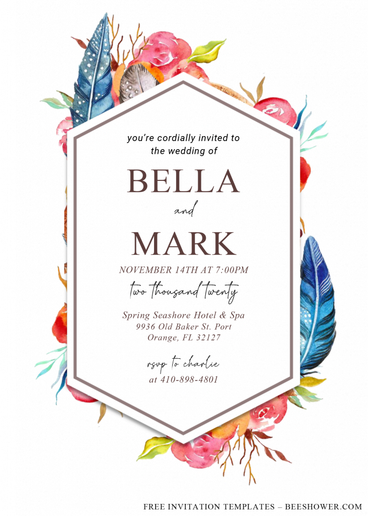 Boho Feathers Invitation Templates - Editable With Microsoft Word and has watercolor floral