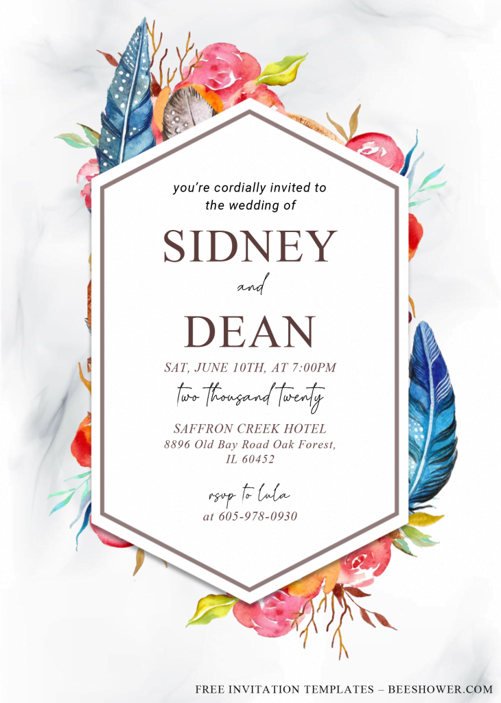 Boho Feathers Invitation Templates - Editable With Microsoft Word and has white marble background