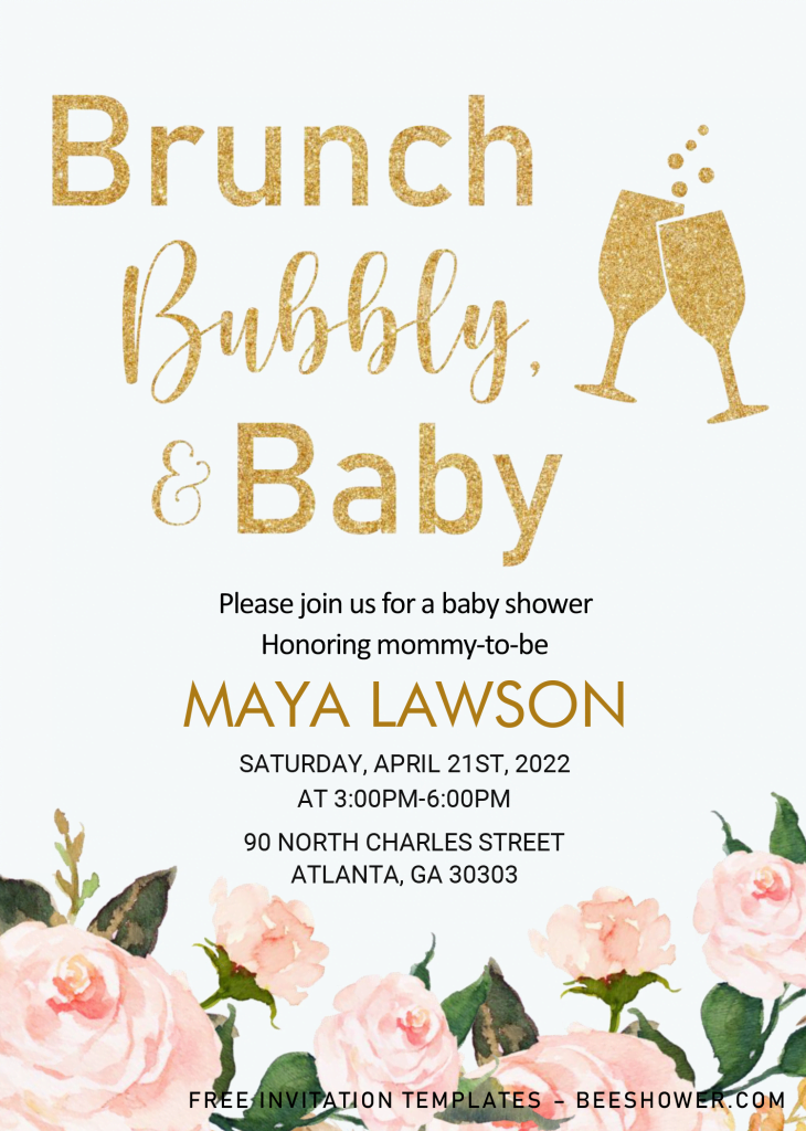 Brunch Bubbly and Baby - Baby Shower Invitation Templates - Editable Microsoft Word and has blush pink flowers