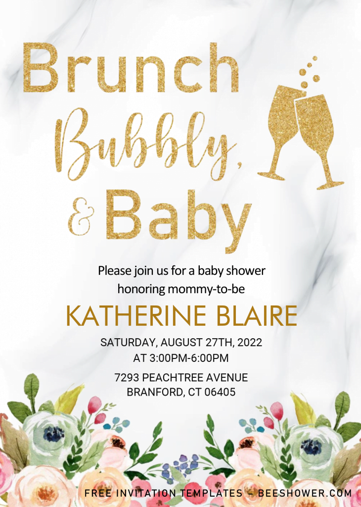 Brunch Bubbly and Baby - Baby Shower Invitation Templates - Editable Microsoft Word and has gold glitter wine glass