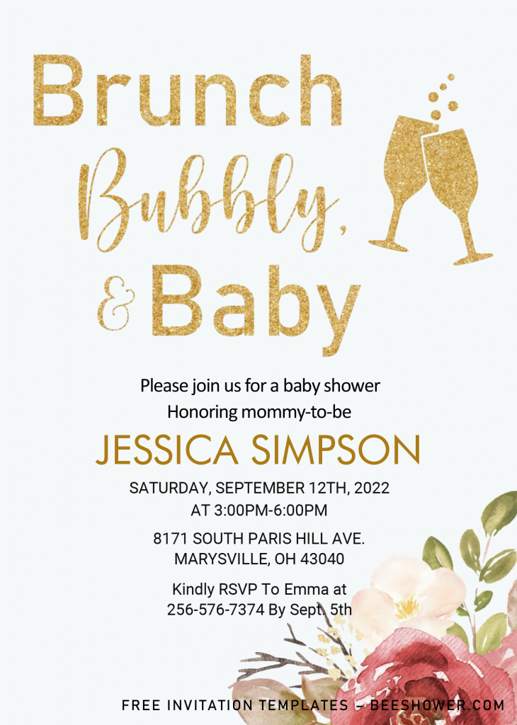 Brunch Bubbly and Baby - Baby Shower Invitation Templates - Editable Microsoft Word and has white background