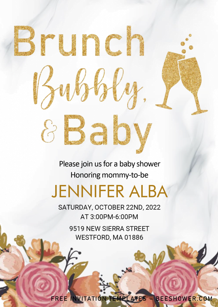 Brunch Bubbly and Baby - Baby Shower Invitation Templates - Editable Microsoft Word and has white marble background