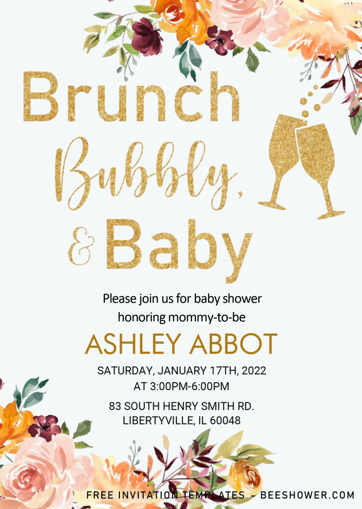 Brunch Bubbly and Baby - Baby Shower Invitation Templates - Editable Microsoft Word and has portrait orientation