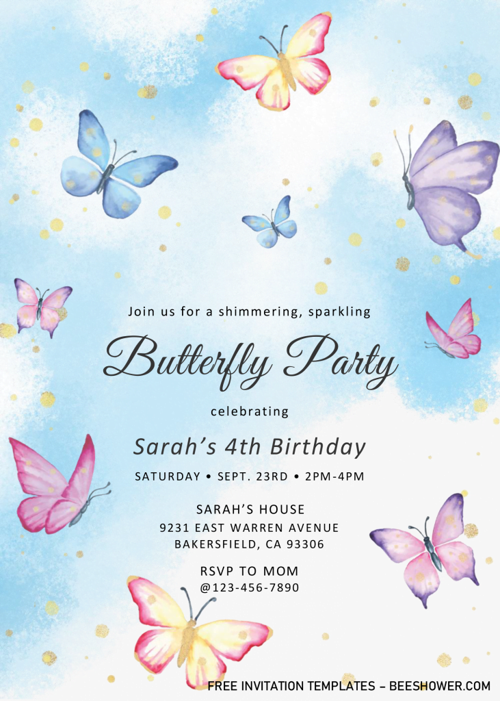 Magical Butterflies Baby Shower Invitation Templates - Editable .Docx and has blue and pink butterfly