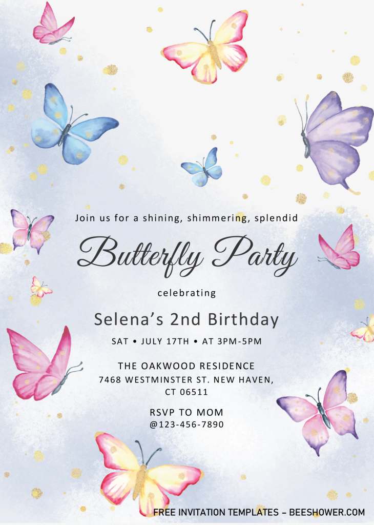 Magical Butterflies Baby Shower Invitation Templates - Editable .Docx and has blue shaded background