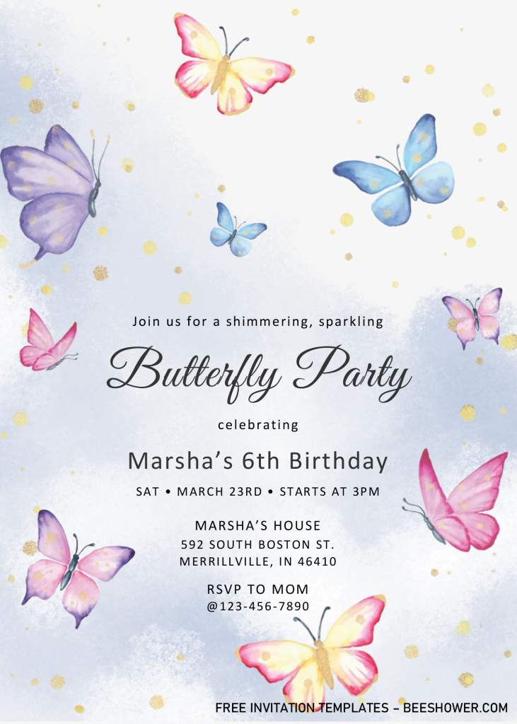 Magical Butterflies Baby Shower Invitation Templates - Editable .Docx and has watercolor butterflies