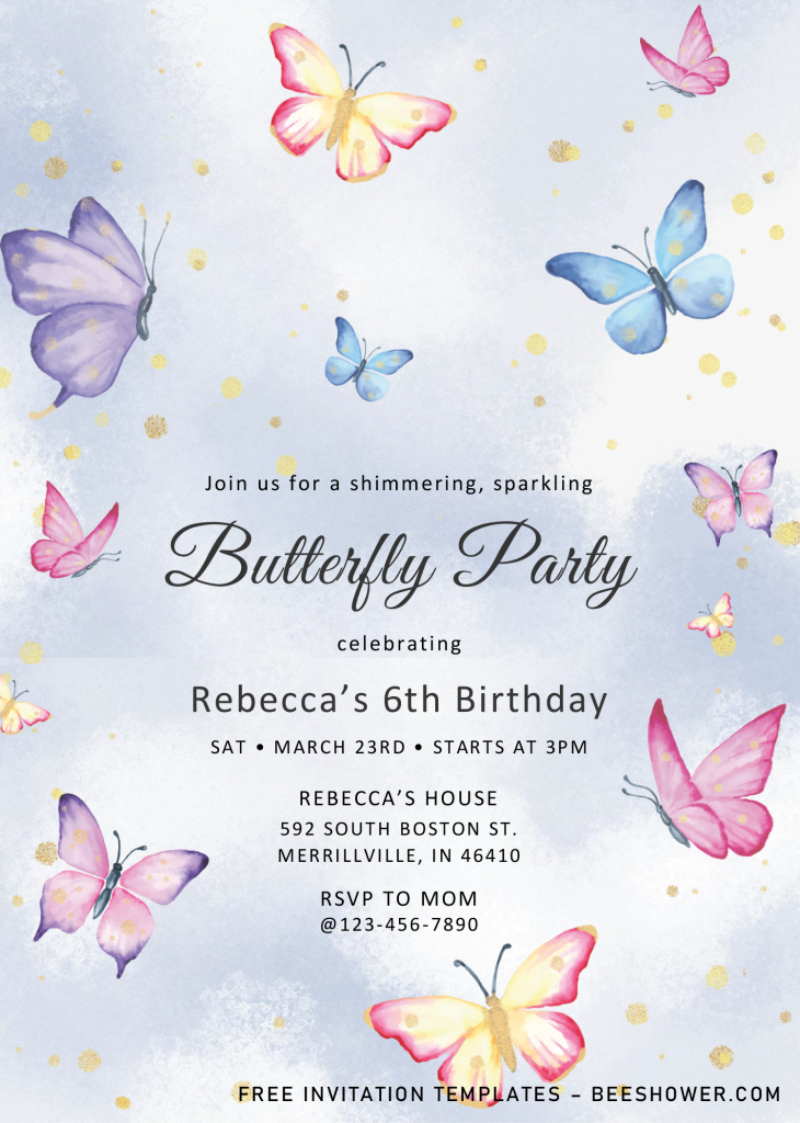 Magical Butterflies Baby Shower Invitation Templates - Editable .Docx and has portrait orientation design