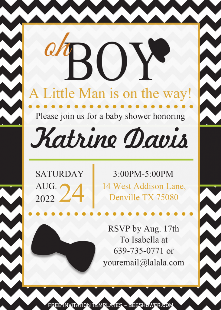 Oh Boy Invitation Templates - Editable With Microsoft Word and has black bow tie and fedora hat