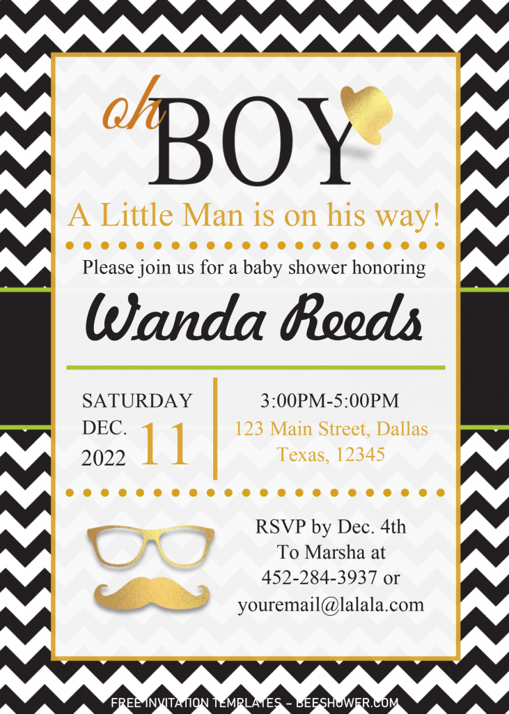 Oh Boy Invitation Templates - Editable With Microsoft Word and has gold mustache and glasses