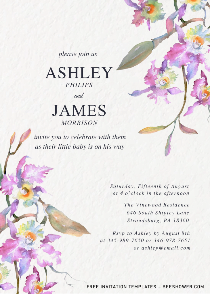 Elegant Orchid Baby Shower Invitation Templates - Editable .Docx and has canvas background
