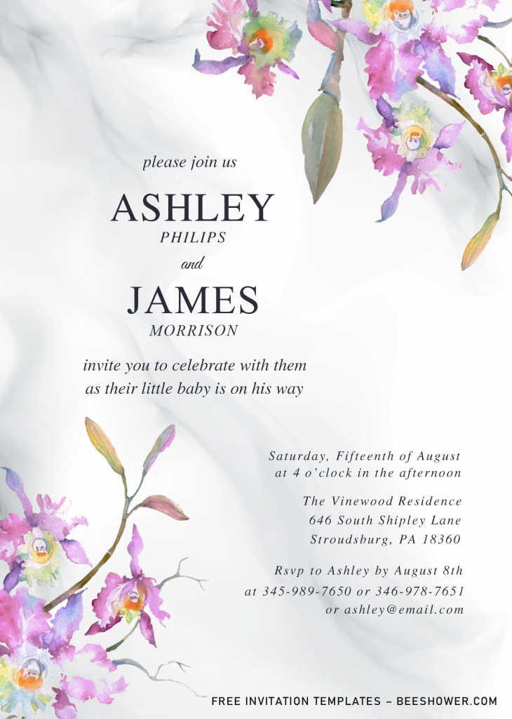 Elegant Orchid Baby Shower Invitation Templates - Editable .Docx and has white marble background