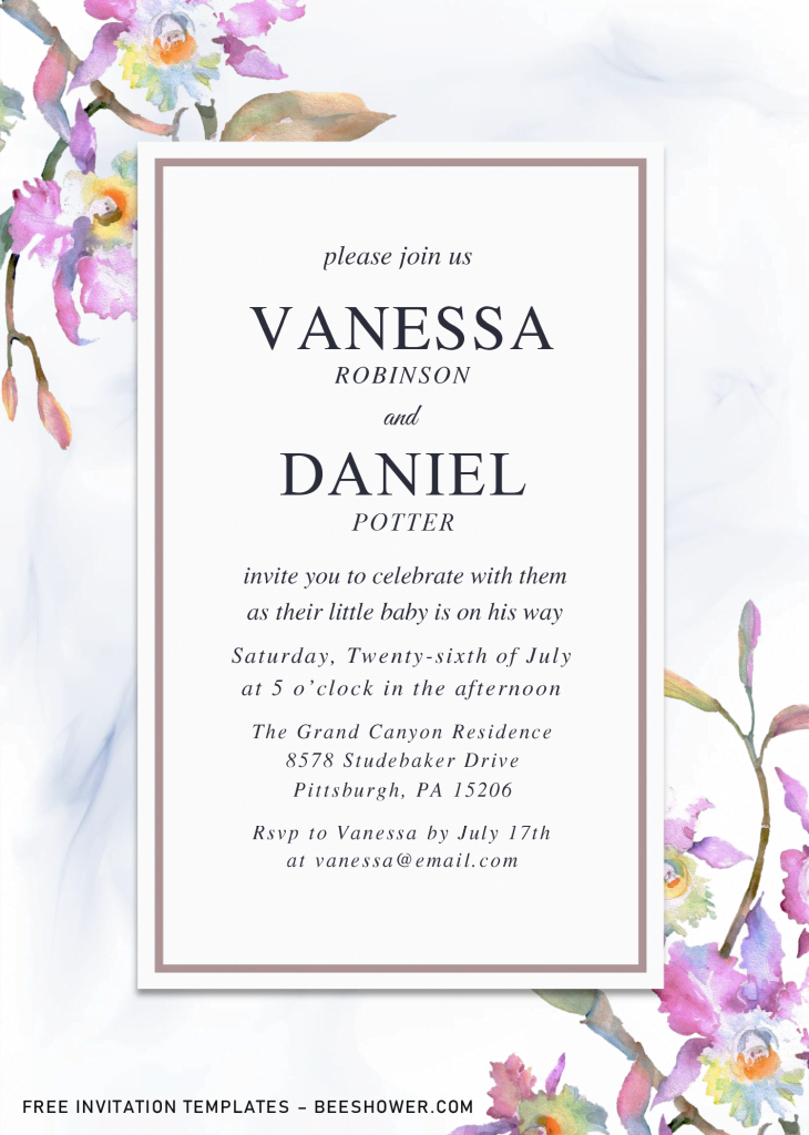 Elegant Orchid Baby Shower Invitation Templates - Editable .Docx and has white rectangle box