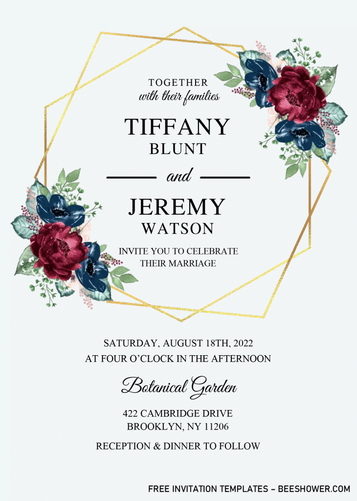 Gold Geometric Floral Baby Shower Invitation Templates - Editable With Microsoft Word and has purple burgundy rose