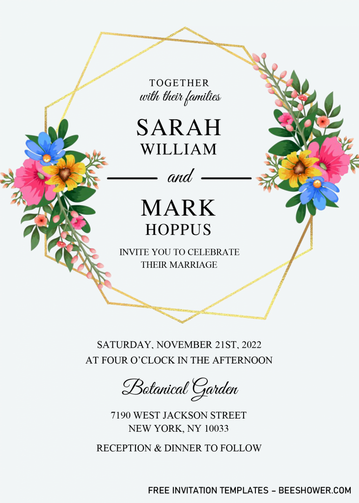 Gold Geometric Floral Baby Shower Invitation Templates - Editable With Microsoft Word and has colorful floral graphics