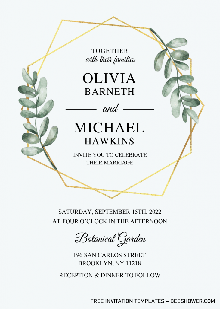 Gold Geometric Floral Baby Shower Invitation Templates - Editable With Microsoft Word and has gold geometric frame