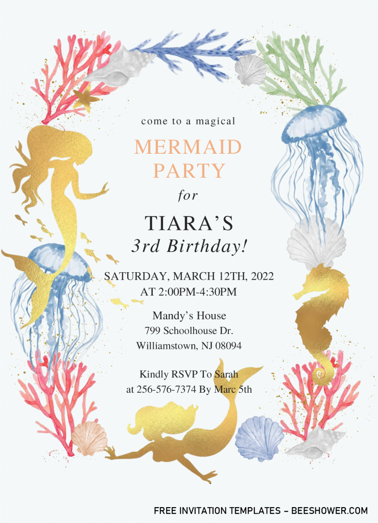 Mermaid Party Baby Shower Invitation Templates - Editable With Microsoft Word and has portrait orientation design