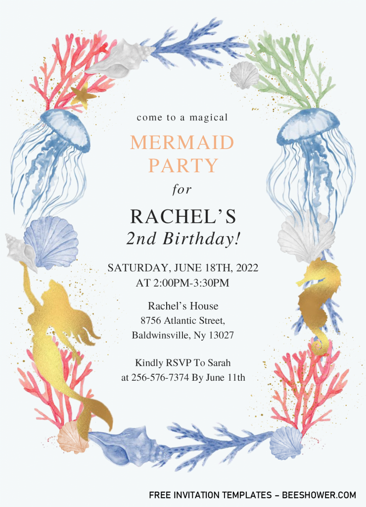 Mermaid Party Baby Shower Invitation Templates - Editable With Microsoft Word and has watercolor jellyfish
