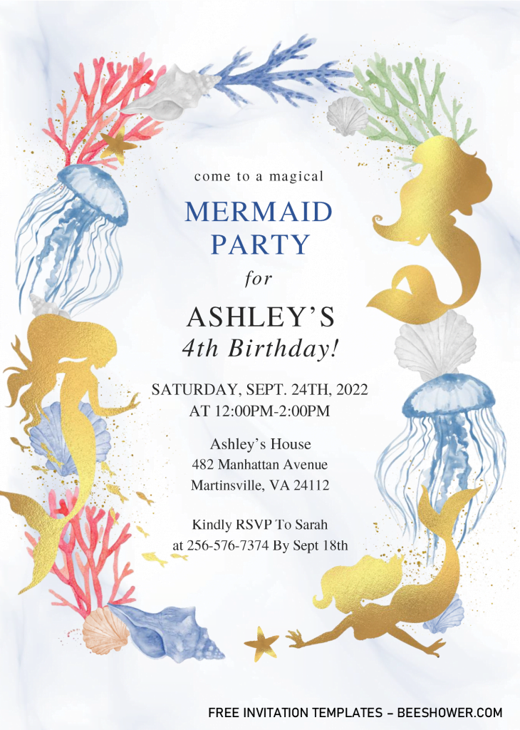 Mermaid Party Baby Shower Invitation Templates - Editable With Microsoft Word and has gold seahorse