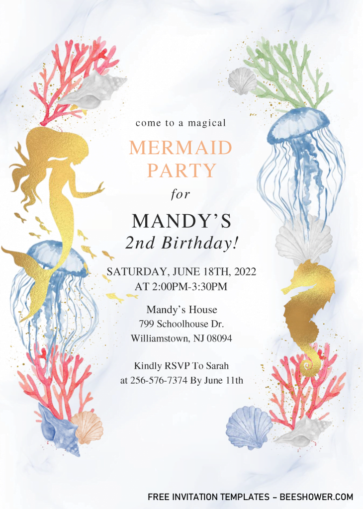 Mermaid Party Baby Shower Invitation Templates - Editable With Microsoft Word and has gold mermaid