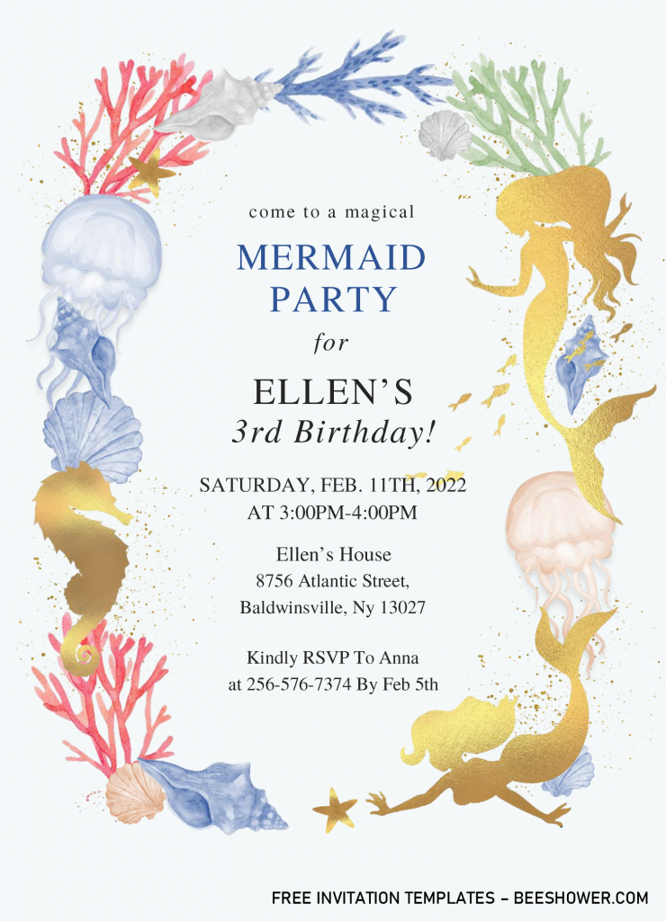 Mermaid Party Baby Shower Invitation Templates - Editable With Microsoft Word and has white background