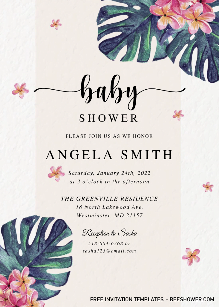 Modern Tropical Baby Shower Invitation Templates - Editable With MS Word and has exotic leaves