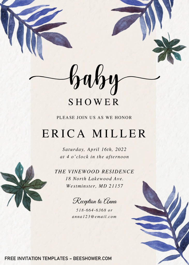 Modern Tropical Baby Shower Invitation Templates - Editable With MS Word and has aesthetic leaves